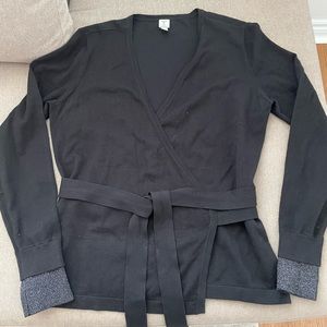 Tristan, Womens wrap sweater with silver cuff detail. Size medium.